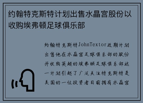 约翰特克斯特计划出售水晶宫股份以收购埃弗顿足球俱乐部 约翰特克斯特计划出售水晶宫股份以收购埃弗顿足球俱乐部