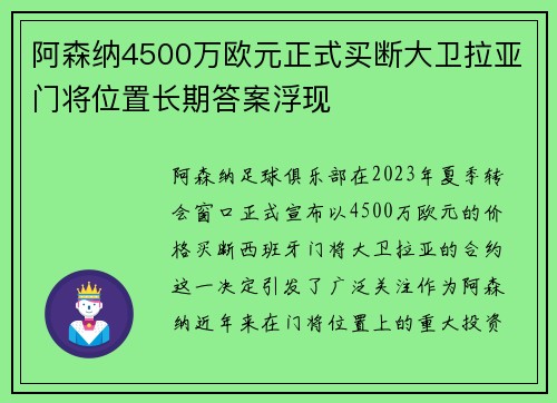阿森纳4500万欧元正式买断大卫拉亚门将位置长期答案浮现